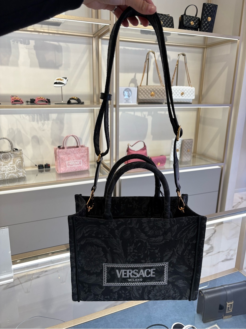 Versace Black Floral Jacquard Tote with Adjustable Strap